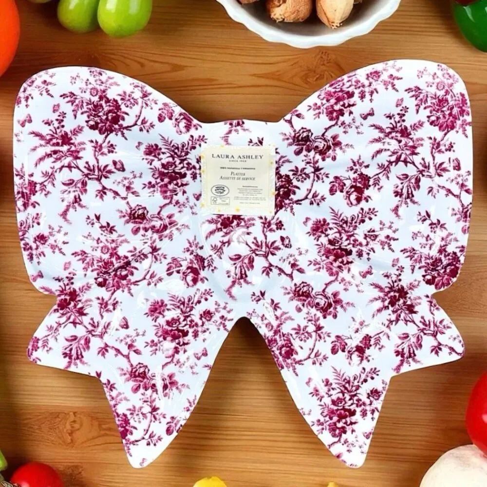 NWT LAURA ASHLEY Melamine Floral Red & White Bow Butterfly Shaped Serving Tray